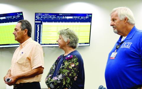 L-R: Putnam General Hospital Authority Board member Lou Benjamin, PGH Human Resources Director Rhonda Largo, and hospital CEO Alan Horton address county commissioners with detailed financial stats displayed on screens behind them. IAN TOCHER/Staff