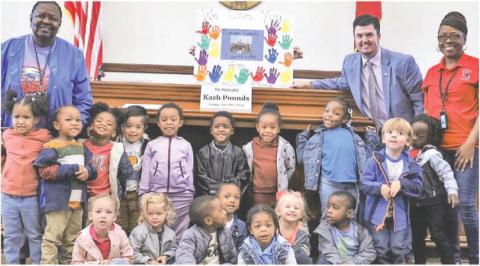 Putnam County Superior Court Clerk Trevor Addison (standing, second from right) welcomed Head Start students into the courthouse earlier this month. IAN TOCHER/Staff
