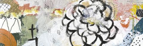 An exhibited piece named Haramara IV by Nancy Race. Race’s artwork uses a pairing of organic and geometric shapes with colorful backgrounds. CONTRIBUTED