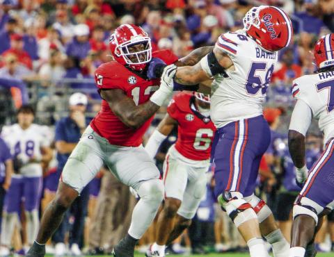 Georgia edge rusher Mykel Williams (13) was a force to be reckoned with, helping the Bulldog defense to hold Florida to 115 yards rushing this past Saturday. COURTESY OF UGA ATHLETICS