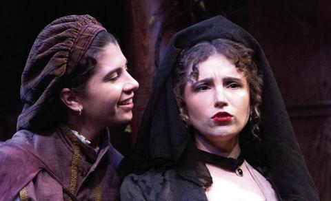 Alejandra Ruiz as Viola (left) has a discussion with Olivia, played by Anna Holland, in the Atlanta Shakespeare Company’s production of “Twelfth Night.” CONTRIBUTED