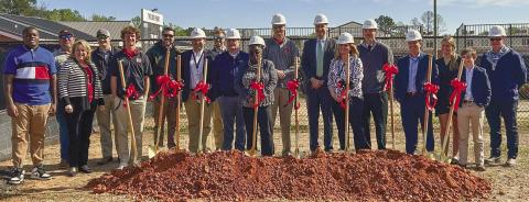 MCCSS officials, teachers and students break ground on the new field house at Bill Corry Stadium. CONTRIBUTED