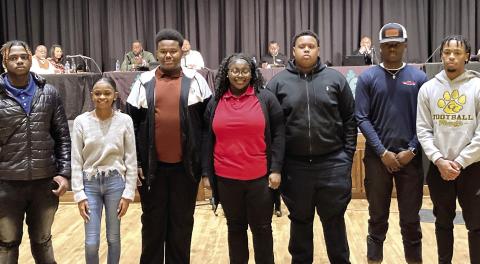 Several members of the Greensboro Youth Council visited with their city council counterparts at the last meeting at Festival Hall. The Youth Council is made up of Rodricus Monford Jr., Jaxson Gavin Lawrence, Jamarion Hill, London Wright, Tiraji Heath, Jailyn McKellar, Mia Kay Mauriello and Christopher Lowe. T. MICHAEL STONE/Staff