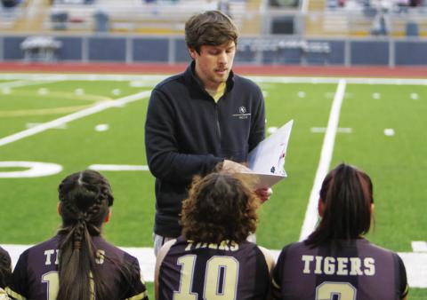 Greene County soccer coach Jacob Baxley instructs the Lady Tigers during a stoppage of play in a game against Lake Oconee Academy on March 7. LANCE MCCURLEY/ Staff