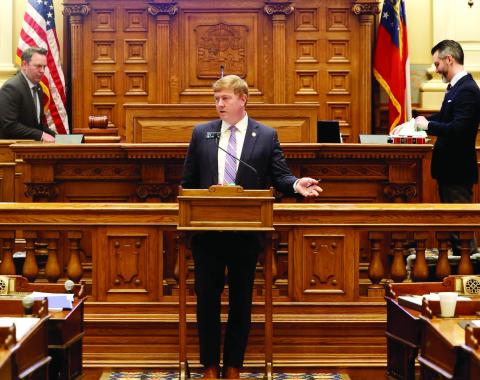 Sen. Blake Tillery, R-Vidalia, discusses House Bill 973 on the Senate Floor at the Georgia Capitol. ASHTIN BARKER/Capitol Beat