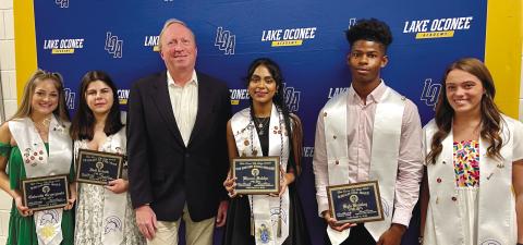 From the Lake Oconee Elks Lodge class of 2022 (left to right): Gabrielle Gruszynski, Idill Ertuk, Frank Rowan (scholarship chairman), Bhumi Sukha, Kyle Beasley and Ally Blythe. CONTRIBUTED