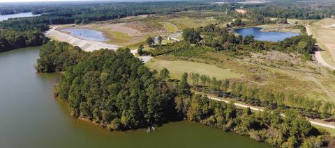 2018 aerial view of two ponds on the Plant Branch site north of Milledgeville. Lake Sinclair is in the foreground. MARK ENGEL/File photo