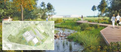 The site plan and artist rendering for the Rivian property includes green space. CONTRIBUTED
