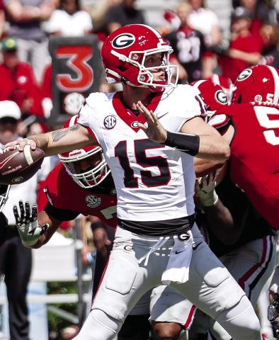 Carson Beck (15) during Georgia Football’s spring game at Sanford Stadium in Athens April 13. (UGA Athletics)