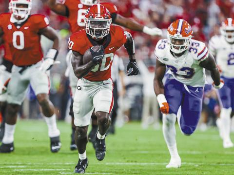 Georgia running back Daijun Edwards (30) during Georgia’s game against Florida in Jacksonville Oct. 28, 2022. TONY WALSH/UGA Athletics