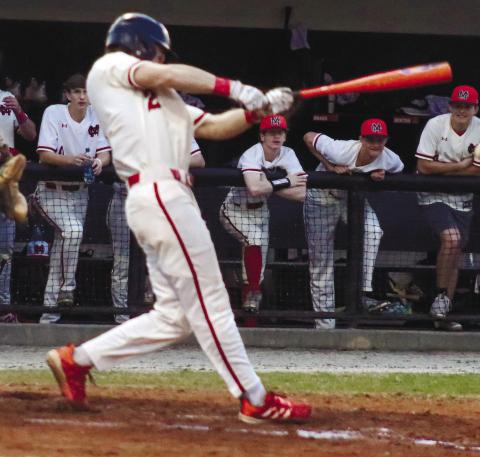 Morgan County senior Jack Harper (2) hits a blooper up the middle in a scrimmage against Walnut Grove last week. LANCE McCURLEY/Staff