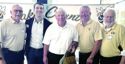 (L to R): Bob Harris, Georgia Tech Associate Athletics Director Bret Hardin, former Georgia Tech head football coach George O’Leary, Bob Nash, and Larry Wylie. CONTRIBUTED