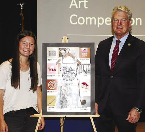 Mary Claire McCommons stands beside her color pencil and acrylic work “Elements of Baking” with District 10 Representative Mike Collins. CONTRIBUTED