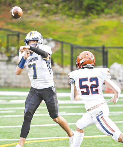 Lake Oconee Academy junior Ike O’Neal (7) throws the ball out into the flats to a Titan wide receiver in a scrimmage game against Lakeview Academy. CHARLES JORDAN/Contributed