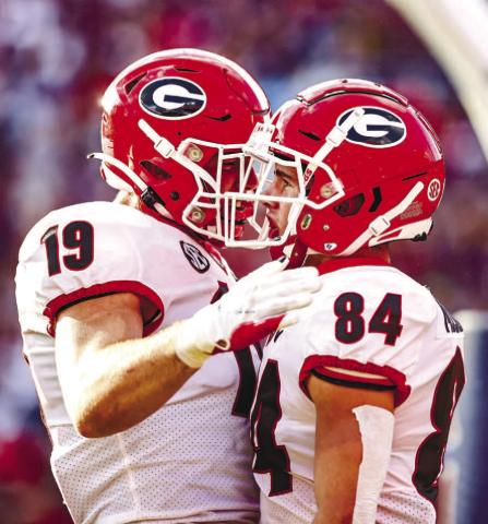 Georgia tight end Brock Bowers (19) and wide receiver Ladd McConkey (84) will be looked upon to get the offense back on track after three sluggish starts. ADAM WALSH/UGA Athletics