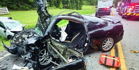 Three Eatonton men remain hospitalized in serious and critical condition from injuries sustained in a head-on collision that involved this Mitsubishi Eclipse and Toyota Corolla Saturday. CONTRIBUTED/PCSO