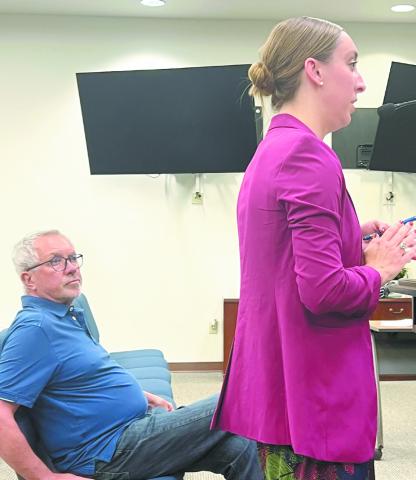 Eatonton-Putnam Chamber of Commerce CEO Maggie Milner makes a presentation about the upcoming sculpture trail to Eatonton City Council while her partner in the effort, Kevin Tomson-Hooper looks on. IAN TOCHER/Staff