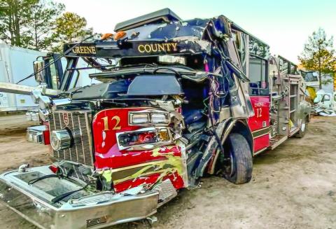 A Greene County Fire Department truck sustained heavy damage in a single-vehicle accident on New Year’s Eve, sending its driver and passenger to two area hospitals for treatment of their injuries. CONTRIBUTED