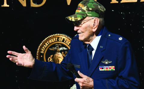 Retired U.S. Air Force Lt. Col. Billy Hargrove, a WWII and Vietnam veteran, gave an often lighthearted but poignant address to a receptive crowd on Tuesday at the Veterans Wall of Honor Park in Eatonton. IAN TOCHER/Staff