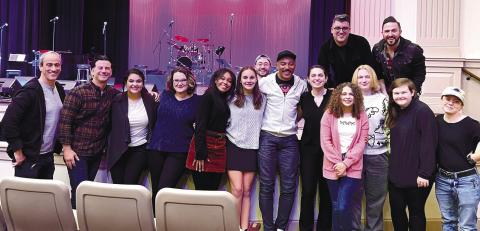The Doo Wop Project poses with high school and college students at The Plaza. CONTRIBUTED