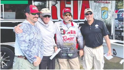 Tournament winners Tommy Tarrer (l-r) and “Uncle Bob” Vandine with Mike Tarrer of Georgia Bass Trails and Frank Adkinson of WJVA. CONTRIBUTED