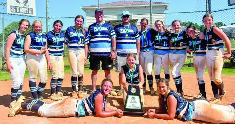 The 2025 GRPA 14U Girls Fastpitch Softball Class C State Champions include (back, l-r) Abigail Roberts, Maddie Tintle, Gracynn Rios, Colbie Stolley, Coaches Bryan Arthur and Chris Huskins, Mea Thrift, Gracie Lowery, Abby Mashburn, Layla Moore, and Kaylee Collis; and (front, l-r) Lily Arthur, Sylvie Huskins, and Alexis Thrift. CONTRIBUTED