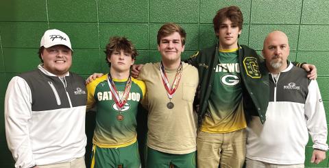 L-R: Gatewood assistant coach Connor Richards with wrestlers Jackson Hewatt, Tyler Middleton, Gage Rainey, and head coach Tyler VanDusen. IAN TOCHER/Staff