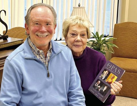 Incoming Oconee Performing Arts Society Board Chair Barry Selvidge shares a piano bench with outgoing chair Margie Eddy-Forbes. CONTRIBUTED