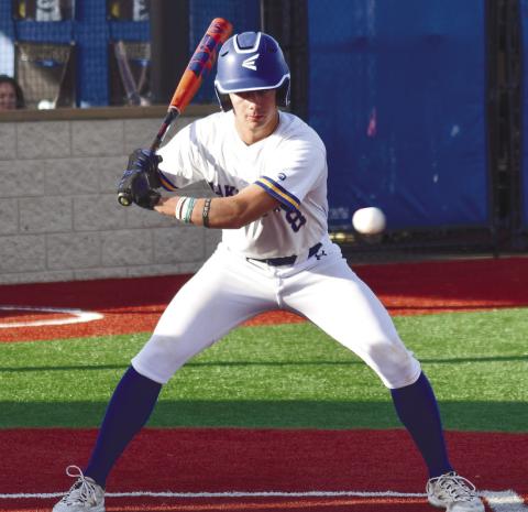 LOA sophomore Cameron Kelley (8) watches a pitch go by during a win over Aquinas last week.