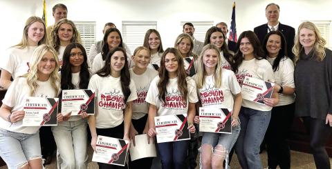 Morgan County’s competition cheerleaders are recognized for placing third at state.