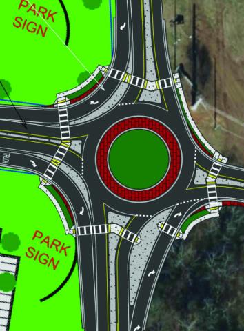 Residents and council members got a look at this rendering of a roundabout at Lions Club Road designed to prevent trucks from turning left toward Madison on Monticello Highway. CONTRIBUTED