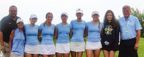 L-R: LOA coach Chris Ingle, assistant coach Marnie Nelson, Chandler Clark, Ava Shurling, Lili Nelson, Tianna Chiplock, Lily Dominy, Kate Clark, and coach Alan Dodds. CONTRIBUTED