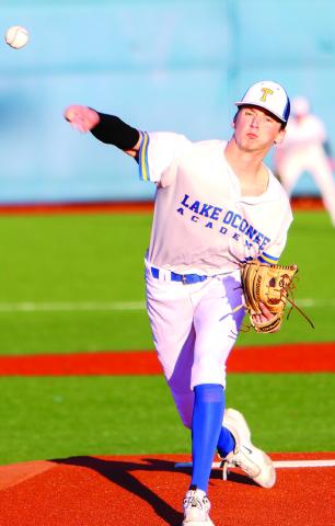 Lake Oconee Academy freshman pitcher Jon Funderburke (2) pitched a complete seven-inning shutout last Saturday in game one of a doubleheader against ECI. (LANCE MCCURLEY/Staff)
