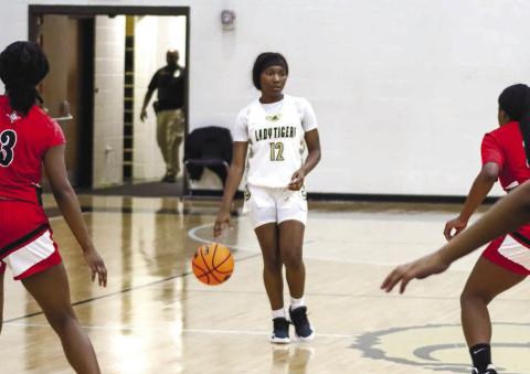 Lady Tigers’ sophomore Shameria Mitchell (12) brings the ball up the court against Lincoln County on Senior Night earlier this month. BRENDAN KOERNER/Staff