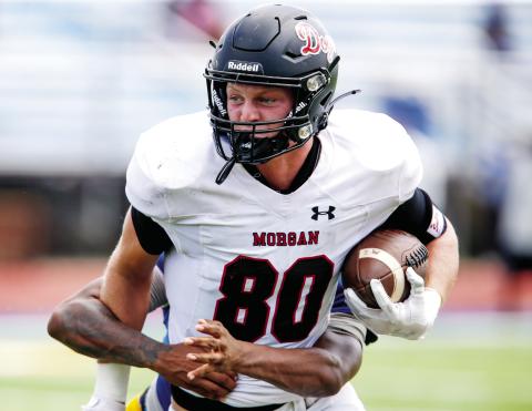 Morgan County senior tight end Drew Ainslie (80) was named the team’s Offensive Player of the Week for his performance against Rutland this past Friday. LANCE McCURLEY/Staff