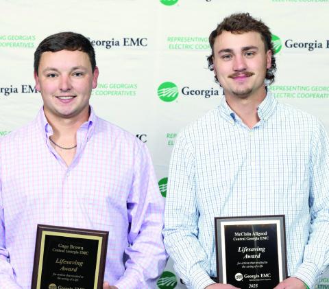 Gage Brown (left) and McClain Allgood (right) of Central Georgia EMC (CGEMC) received Lifesaving Awards from Georgia EMC during the state association’s annual meeting this year in Savannah. CGEMC serves more 66,000 billed accounts in 16 counties, including Putnam County. CONTRIBUTED