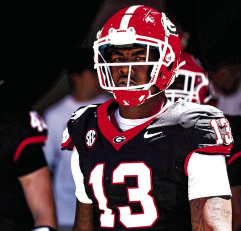 Georgia defensive lineman Mykel Williams before Georgia’s annual G-Day scrimmage on Dooley Field at Sanford Stadium. CASSIE BAKER/UGAAA