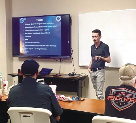 Meteorologist Ryan Willis with the National Weather Service speaks at Greene County’s weather preparedness overview. MAUREEN STRATTON/Staff