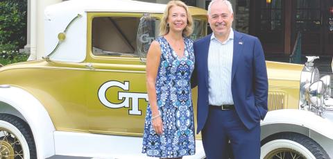 Georgia Tech president Angel Cabrera and wife Elizabeth arrive at the Ritz Carlton at Reynolds Lake Oconee to address area alumni. CONTRIBUTED