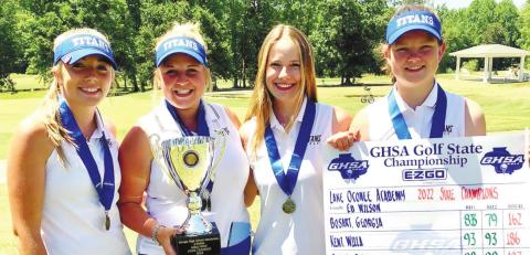 (Left to Right) Lake Oconee Academy’s Georgia Bosart, Kelli Scheck, Willa Kent and Rylee Oyler combined for a total team score of 318 to win the GHSA Class A-Public State Championship. CONTRIBUTED