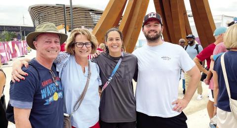 Sylvia’s Coffee owners Michael and Diana Homeier and their son, Gabriel, attended the Paris Olympics earlier this summer. Michael and Diana’s niece, Rachel Fattal (center), was playing on Team USA’s water polo team. (CONTRIBUTED)