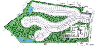 The site concept plan for Harmony Village provides for an assisted living center (lower right) built alongside up to 124 individual, age-restricted cottages. CONTRIBUTED