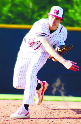 Morgan County’s Ty Tillery (23) delivers a pitch during a home game against top-ranked Harlem on April 17. LANCE McCURLEY/Staff