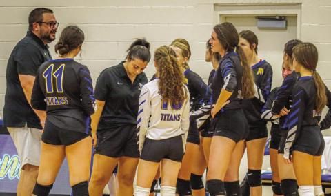 The Lady Titans pause during a stoppage in play against Washington-Wilkes earlier this season. LANCE McCURLEY/Staff