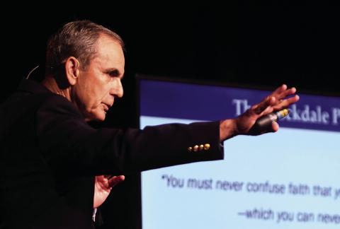 Part history teacher and part motivational life coach, U.S. Air Force Col. (ret.) Lee Ellis kept his audience enthralled with remarkable tales of courage, perseverance, and hope surrounding his more than five years in a Vietnamese POW facility. IAN TOCHER/Staff
