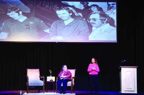 Joined onstage at The Plaza by Sheryl McCollum (seated), founder and director of the Cold Case Investigative Research Institute and emcee for the evening, serial killer survivor Kathy Kleiner-Rubin gave a moving, occasionally disturbing, and always revealing presentation Jan. 12-13 at The Plaza Arts Center in Eatonton. IAN TOCHER/Staff