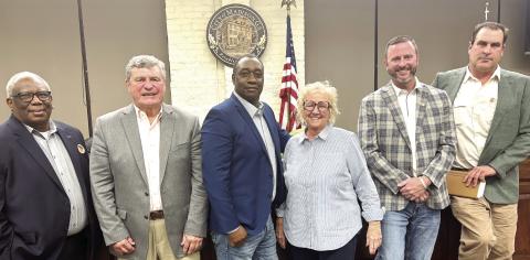 Candidates for the Morgan County Board of Commissioners’ District 1 and 5 seats participated in a forum last week, including (l-r) Carl Jones, Ed Latham, Cedric Robertson, Claudia Crenshaw, Nathan Park, and Zeke Lambert. HANNAH BARRON/Staff
