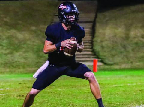 Morgan County quarterback Talan Fuller (14) drops back to pass in the third quarter Friday night. LANCE McCURLEY/Staff