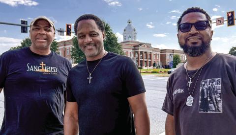 L-R: Indy Brennan, marketing director for “Sanctified,” was joined by writer, director and producer Javon Johnson, and Jarvis Wingfield, who stars in the show making its debut this Saturday night in Eatonton. IAN TOCHER/Staff
