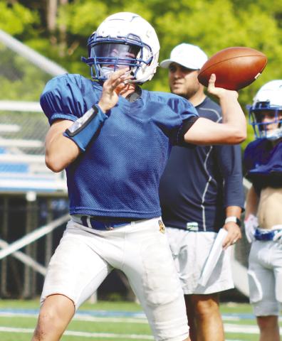 Titans’ quarterback Ike O’Neal winding up to throw the ball down field during a padded practice this summer. LANCE McCURLEY/Staff
